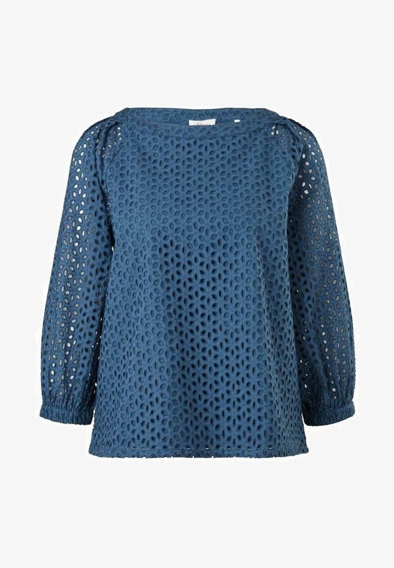 Blaue, strukturierte Bluse mit einem spitzenartigen Muster, rundem Ausschnitt und langen Puffärmeln mit gerafften Manschetten.