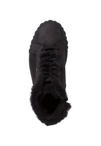 Bottines noires avec une tige en cuir lisse, doublure en fourrure au niveau du col et semelle en caoutchouc texturée. Dotées de lacets noirs et d'une fermeture éclair sur le côté.