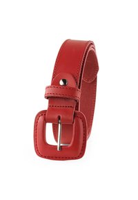 Cinturón de cuero rojo con una hebilla rectangular ancha y un agujero plateado, acabado con costuras limpias y una textura suave.