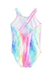 One-piece swimsuit with a cross-back design. Features a gradient pattern in pastel colors: pink, blue, and yellow. Smooth texture.