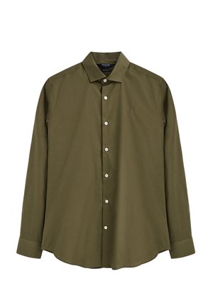 Camicia verde oliva a maniche lunghe con bottoni, colletto appuntito e logo ricamato sobrio sul petto sinistro.