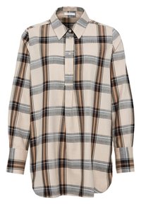 Camicia a quadri beige con strisce nere, grigie e marroni. Presenta un colletto, chiusura con bottoni e maniche lunghe con polsini. Tessuto morbido.