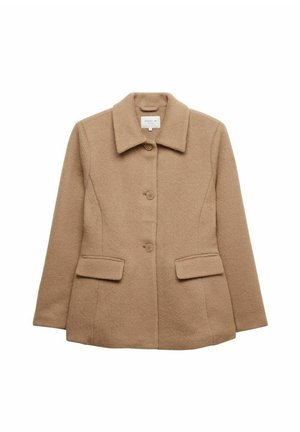 Vaahto tan-villa sekoite päällystakki, jossa on kauluksellinen kaulaosa, etupainike suljenta ja kaksi sivutaskua. Tasainen pinta, jossa on hienovarainen viimeistely.