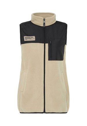 Beige Fleece-Weste mit schwarzen Einsätzen, hohem Kragen, Vorderreißverschluss, zwei Seitentaschen und einer Brusttasche mit beigem Etikett.