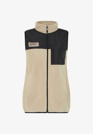 Gilet in fleece beige con pannelli neri, colletto alto, zip frontale, due tasche laterali e una tasca sul petto con etichetta beige.