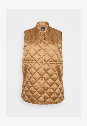 Colete acolchoado sem mangas em tecido acolchoado dourado-escuro com colarinho alto, fecho de pressão e bolsos laterais. Textura suave e brilhante.