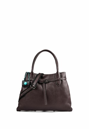 Borsa in pelle marrone scuro con doppi manici, tracolla regolabile e piccola pochette nera allegata con bottone turchese.