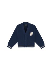 Marineblauer Strickcardigan mit V-Ausschnitt, gerippter Struktur und cremefarbenen Streifen an den Bündchen. Mit einem weißen "W" auf der Brust gestickt.