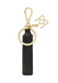 Porte-clés en cuir noir avec une sangle élégante et des accessoires en métal doré, y compris un mousqueton et un anneau circulaire orné du logo.