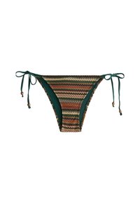 Costume da bagno bikini verde con un pannello intrecciato decorato da strisce a zig zag in toni terrosi. Legacci regolabili con dettagli in perline sui lati.