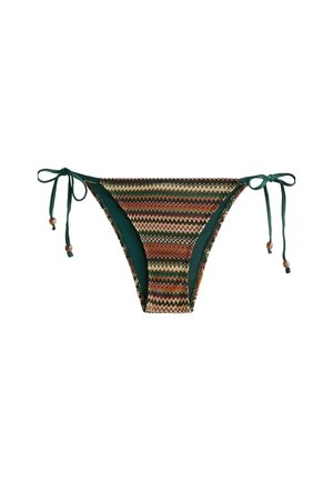 Costume da bagno bikini verde con un pannello intrecciato decorato da strisce a zig zag in toni terrosi. Legacci regolabili con dettagli in perline sui lati.