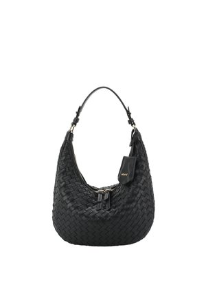 Black leather hobo bag with woven texture, short handle, zipper closure, and attached small pouch labeled "abro" on the side.
