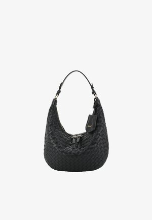 Schwarze Leder-Hobo-Tasche mit gewebter Textur, kurzem Griff, Reißverschluss und einer kleinen, seitlich befestigten Tasche mit der Aufschrift "abro".