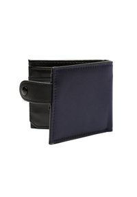 Črn usnjen denarnica z mornarskimi platnenimi predali. Ima gumbasto zapiralo in več prostorov za kartice. Trpežni materiali in kontrastne teksture.