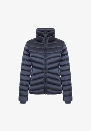 Navy blue puffer jacket with a high collar, vertical quilted pattern, front zipper, and ribbed cuffs. Made from glossy, lightweight material.