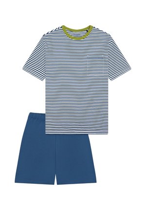 Gestreiftes Baumwoll-T-Shirt mit grünem Kragen und Brusttasche neben passenden blauen Shorts; beide verfügen über eine weiche Textur und eine lockere Passform.