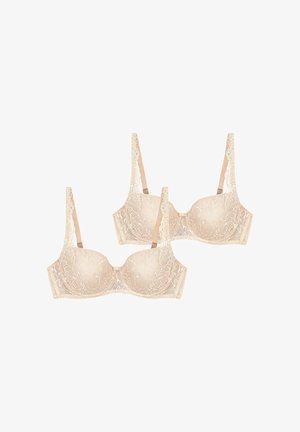 Beige Spitzen-BHs mit Blumenmustern, gepolsterten Cups, verstellbaren Trägern und Hakenverschluss hinten. Set mit zwei Stück.