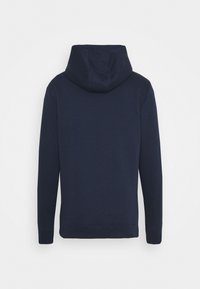 Navy blue hooded sweatshirt with long sleeves, ribbed cuffs, and waistband, shown from the back on a white background.