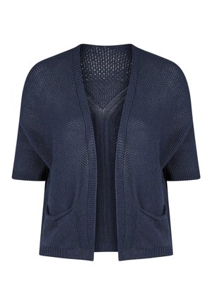 Cardigan en maille bleu marine foncé, ouvert sur le devant, à manches courtes, à la texture travaillée et doté de deux poches avant.