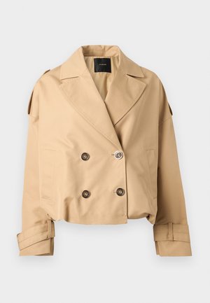 Trench coat beige corto doppiopetto con ampi revers, polsini con bottoni e spalline.