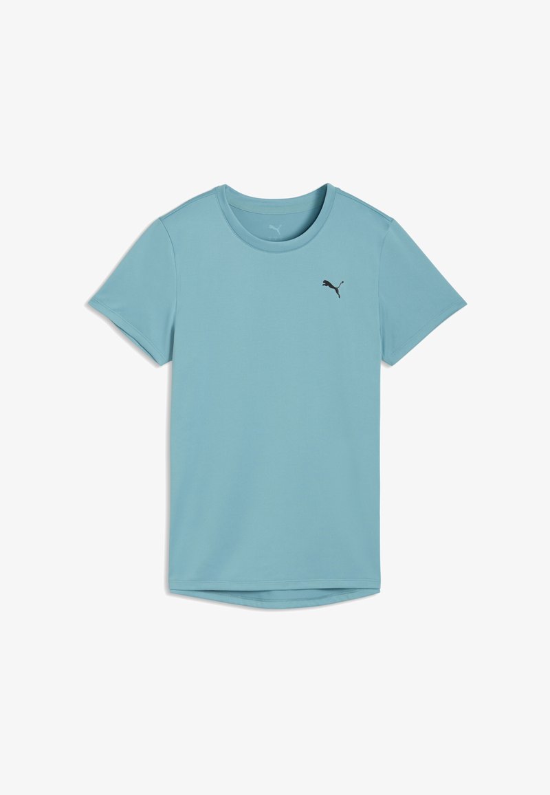 Ανοιχτού μπλε αθλητική κοντομάνικη μπλούζα με στρογγυλή λαιμόκοψη και μικρό μαύρο λογότυπο Puma στο αριστερό στήθος.