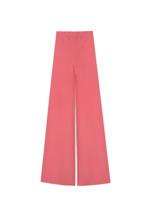 Pantalones de pierna ancha en un color coral sólido, confeccionados con una tela ligera de textura suave y una cintura elástica para un ajuste cómodo.