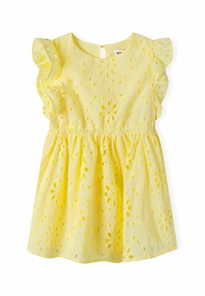 Vestido amarillo de algodón con recortes florales bordados. Presenta un escote redondo, mangas con volantes y una cinturilla elástica para un estilo fruncido.