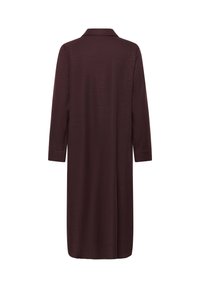 Langes, kastanienbraunes Hemdkleid mit Kragen und langen Ärmeln. Hergestellt aus leichtem Stoff mit texturiertem Finish und geradem Schnitt.