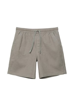 Beige Freizeit-Shorts mit elastischem Bund und Kordelzug, ausgestattet mit Seitentaschen und einem lockeren Schnitt.