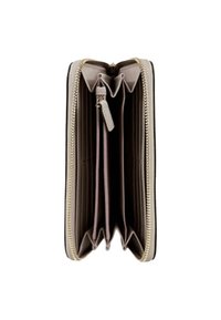 Portafoglio beige con cerniera su tutto il perimetro, dotato di molteplici fessure per carte, due scomparti principali e una tasca centrale con cerniera per monete.