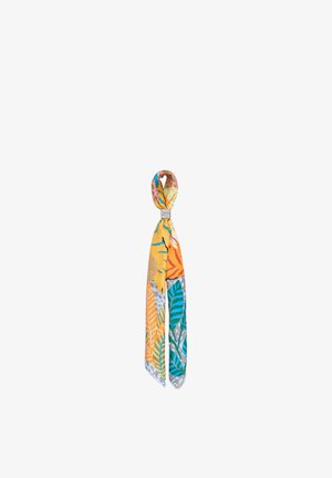 Silk scarf with colorful tropical leaf patterns in orange, yellow, blue, and green, tied with a silver ring on a white background.
