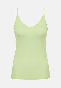 Lichtgroene camisole met dunne verstelbare bandjes, een V-halslijn en een aansluitende pasvorm. Gemaakt van zachte, gladde stof zonder zichtbare patronen.