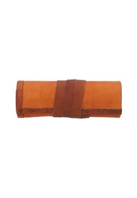 Leather roll-up case in a rich orange hue, with a brown leather strap. Features visible stitching and a smooth, textured finish.