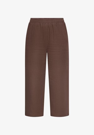 Pantalon court marron à coupe ample avec taille élastique et tissu texturé, présenté sur fond blanc.
