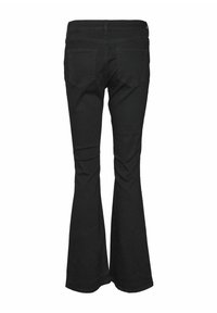 Černé rozšířené džíny se dvěma zadními kapsami a pasem. Vyrobené z denimu, mají jednobarevný design a hladkou texturu.