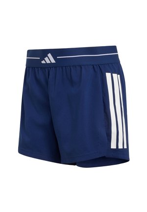 Tmavě modré sportovní šortky s elastickým pasem, bílé trojité pruhy po stranách a malé logo na přední části pasu.