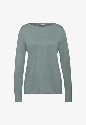 Maglione verde chiaro a maniche lunghe con scollo rotondo, texture a costine e orlo dritto. Realizzato in un materiale morbido e leggero.