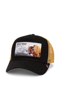 Gorra negra con un parche rectangular que presenta un gráfico de un bisonte y el texto "CONSTRUIDA PARA DURAR". Parte trasera de malla amarilla con un frente de tela texturizada.