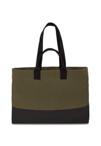 Borsa tote in tela verde oliva con dettagli neri, dotata di due lunghe maniglie e un design strutturato. Superficie testurizzata con un blocco di colore a contrasto.