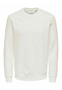 Sudadera de cuello redondo blanca hecha de un tejido texturizado; cuenta con puños y dobladillo acanalados; diseño simple y minimalista sin patrones adicionales.