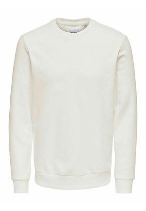 White crewneck sweatshirt made of textured fabric; features ribbed cuffs and hem; simple, minimalist design with no additional patterns.