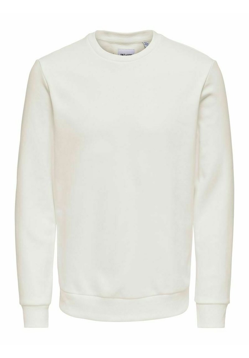 Sudadera de cuello redondo blanca hecha de un tejido texturizado; cuenta con puños y dobladillo acanalados; diseño simple y minimalista sin patrones adicionales.