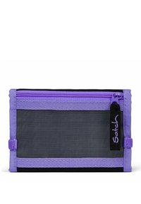 Black mesh wallet with a purple zipper, contrasting purple trim, and a black fabric label. Features a rectangular shape with a streamlined design.