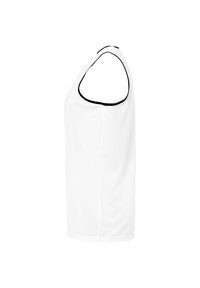 Top bianco senza maniche con bordi neri, caratterizzato da un collo rotondo e una vestibilità rilassata. Texture liscia, adatto per abbigliamento casual o attività sportive.