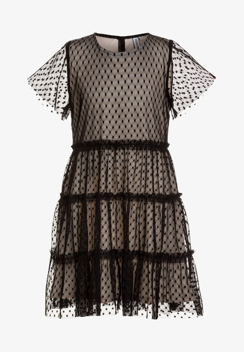 Robe noire transparente à pois avec manches courtes et volants superposés sur une doublure beige.