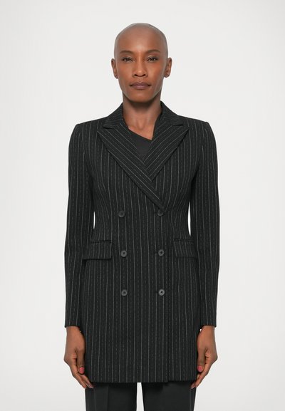 Black double-breasted blazer with white pinstripes, tailored fit, notched lapels, two front pockets, and six black buttons.