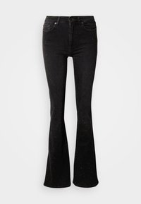 Fekete trapéz farmer enyhe csillogással pöttyös díszítéssel, farmer anyagból készült, klasszikus ötpocketes kialakítással és elöl gombos záródással.