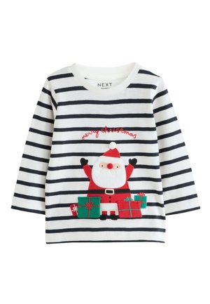 Maglietta a maniche lunghe a righe bianche e blu navy con Babbo Natale ricamato in rosso con regali. Il tessuto è cotone morbido, con scollo rotondo.