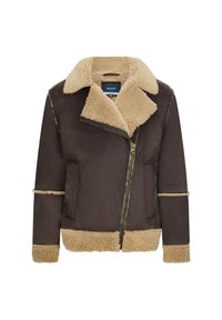 Giacca in shearling marrone con colletto in pelliccia beige, chiusura con zip, tasche laterali e dettagli in shearling su polsini e orlo. Texture morbida.