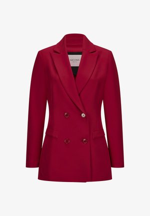 Rood dubbelgevochten blazer van gladde stof, met een notch-kraag, twee frontzakken en ronde knopen. Perfecte pasvorm, ongevoerd.